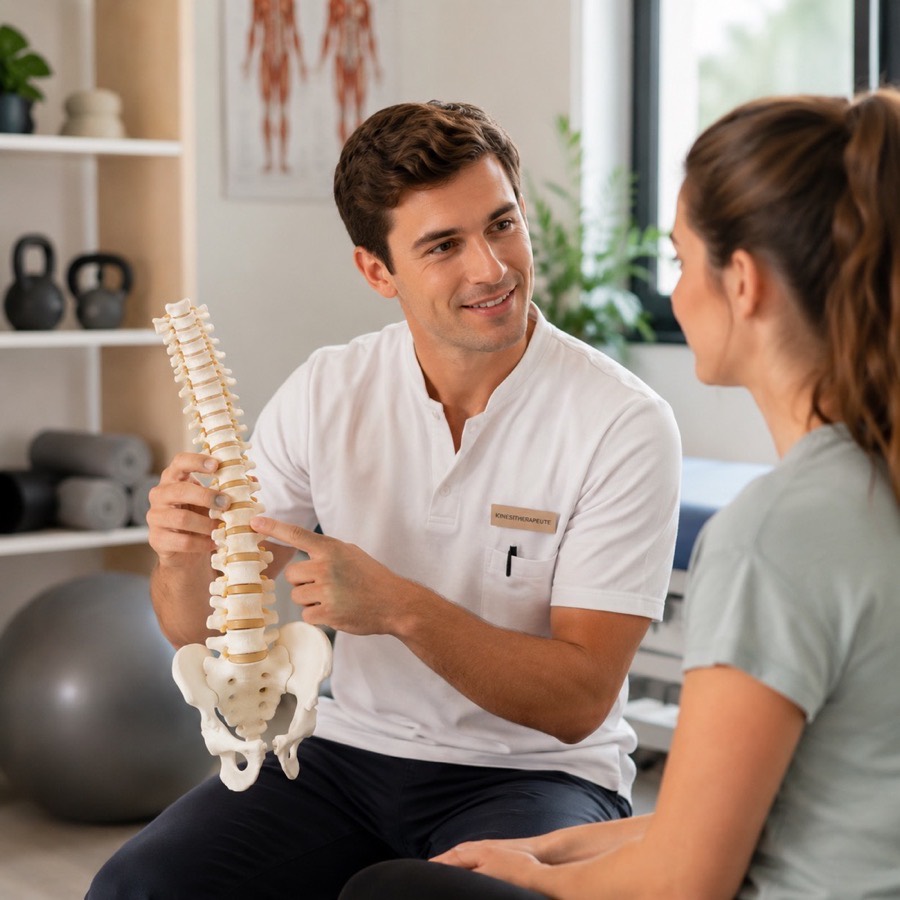 Masseur-kinésithérapeute expliquant la colonne vertébrale à une patiente